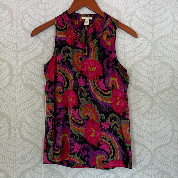 J. Crew Silk Paisley Sleeveless Round Collar Button Blouse, Shirt, Size 2 - Picture 1 of 12